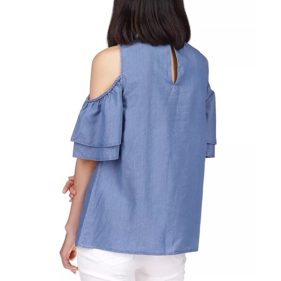 Michael Kors Women Denim Blue Cotton Tiered-Sleeve Cold-Shoulder Top Size S - Picture 2 of 4